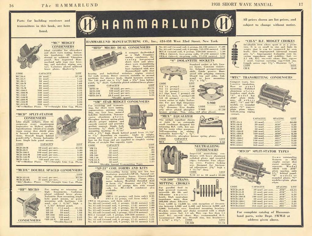 -.171" 16 The FIAMMARLUND 1938 SHORT WAVE MANUAL 17 Parts [or building receivers and transmitters in this honk, are ltere listed. 9 ''. R c) IJ C rs 'i FIAMMARLUI1D(Cr 9,0411C1-6.