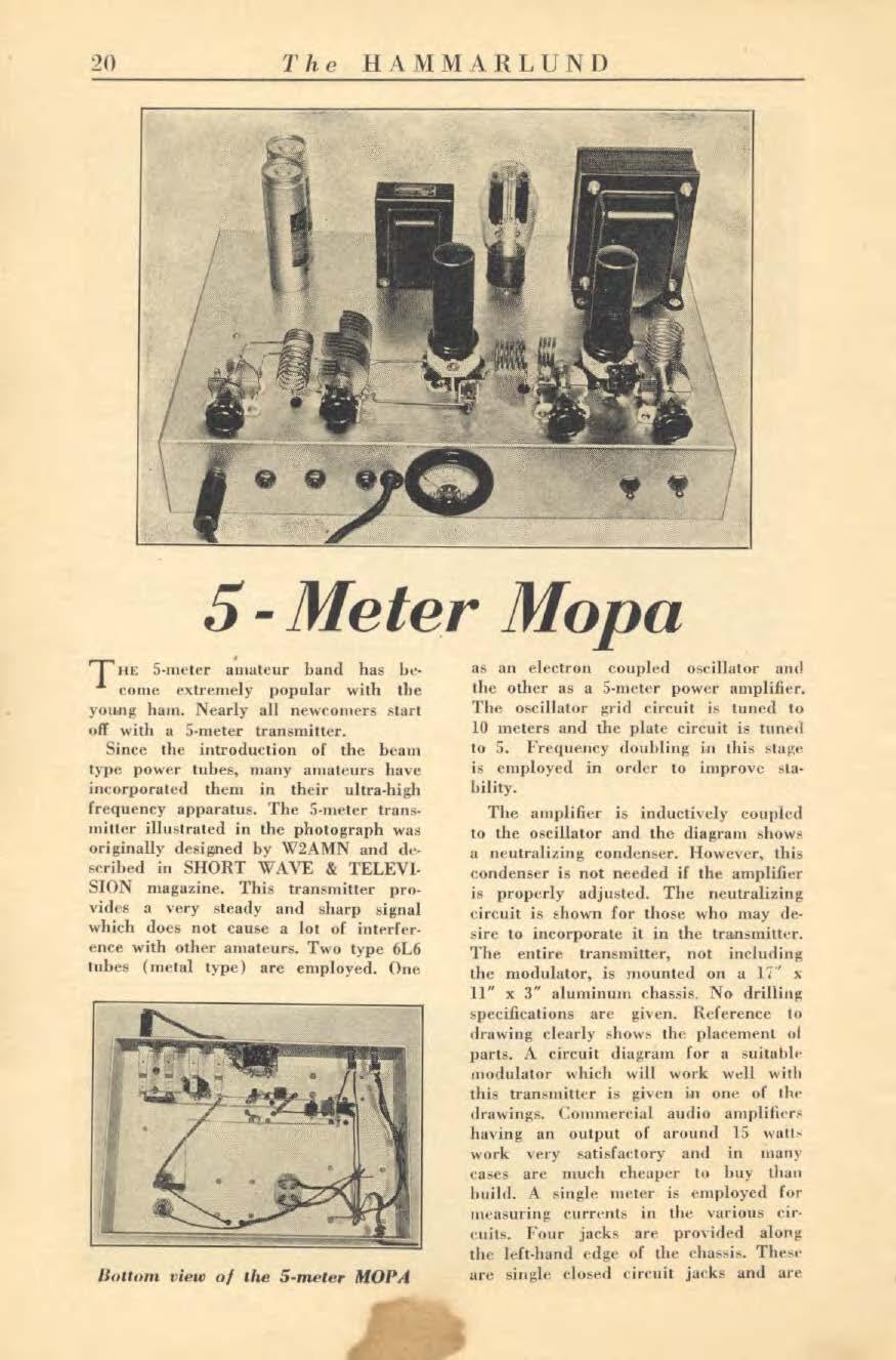 .)11 The HAMMARLUND 5- Meter Mopa THE 5 -meter amateur band has be - tome extre.rnely popular with the young ham. Nearly all newcomers start off with a 5 -meter transmitter.