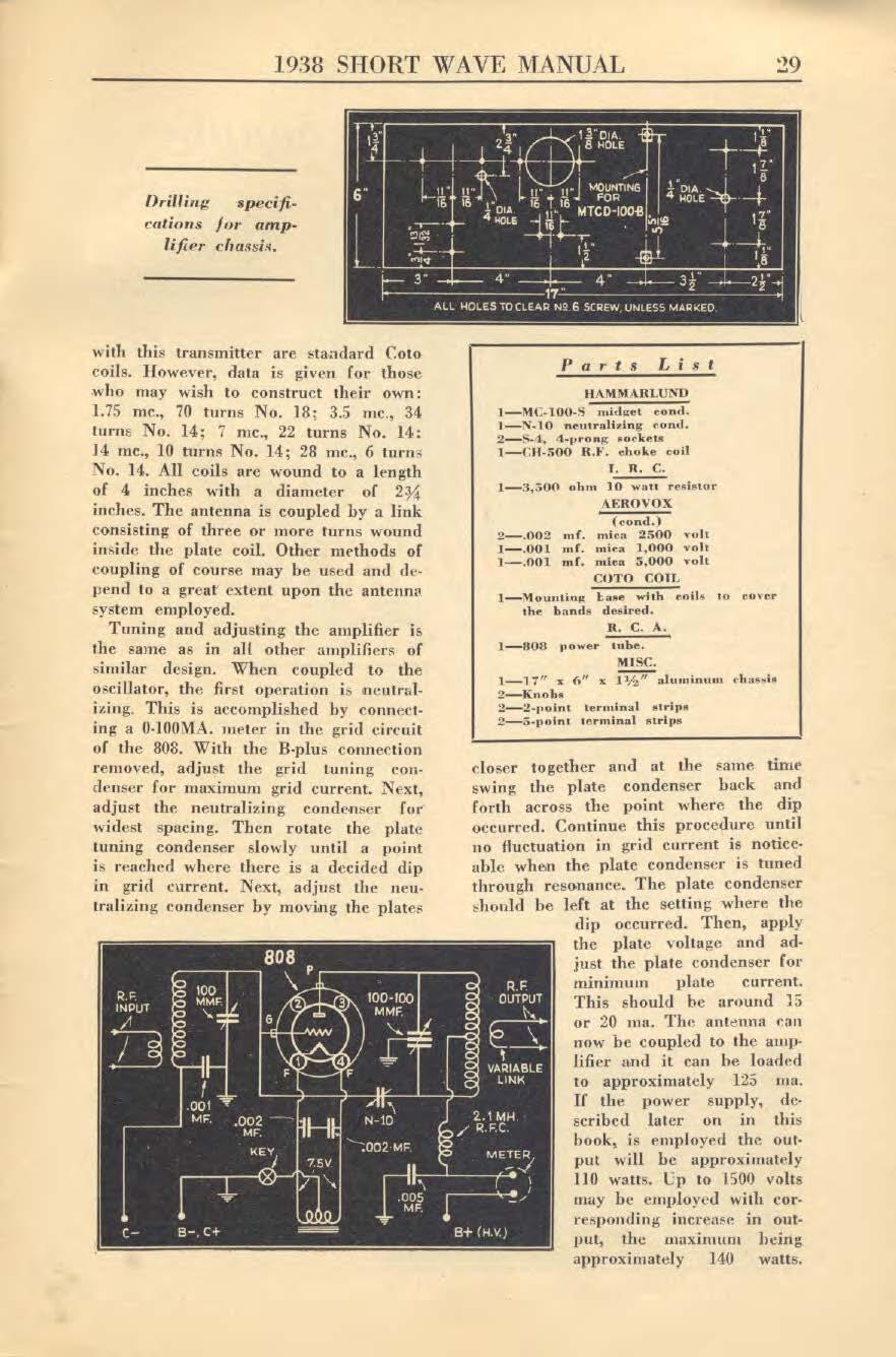 1:ri ' 1938 SHORT WAVE MANUAL zpeei rations fur amplifier chessin. with this transmitter are standard Coto coils. However, data is given For those who may wish to construct their own: 1.75 me.