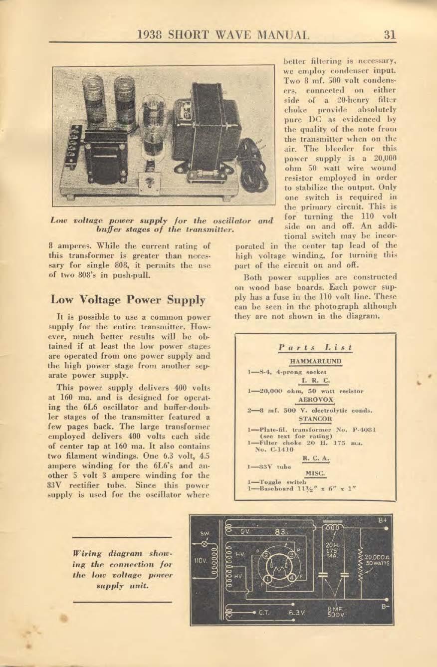 1938 SHORT WAVE MANUAL 31 Low voltage power supply for the oscillator buffer stages of lies Irunsmilter. Ii amperes.