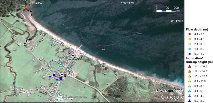 Fig 12. Result of tsunami height measurement in Llico. Point A to D are the position of ground photos with the arrow of focus direction shown in Fig. 13. Fig. 13 Ground photos from Llico.