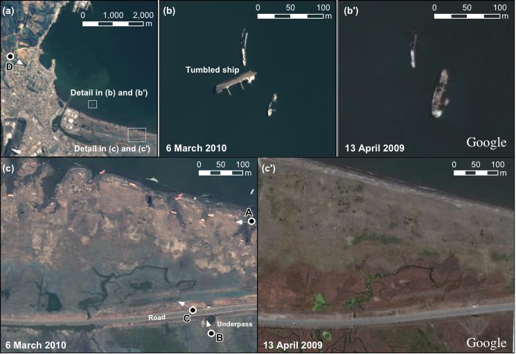 7 Pre and post event satellite images in Talcahuano. Points A to D represent the position of ground photos taken by the authors (Fig. 8).