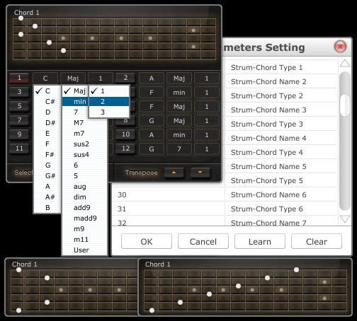 Select Mode provides 24 chord slots. Every chord slot can be customized by setting root note, type and position, altogether 540 variations available.