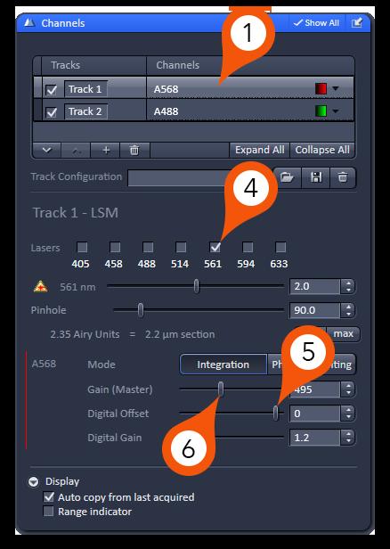 This will save time and ultimately prevent any unnecessary photobleaching of other channels. 2. Click Live to start scanning. 3. Turn on Range Indicator LUT as shown on the previous page. 4.