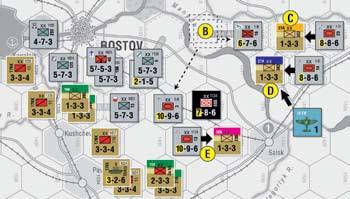 An Assault marker allows a unit to attack in the combat portion of the Secondary Impulse. The German player moves only 3 units the infantry unit, the SS Wiking Division and the 3rd Panzer Division.