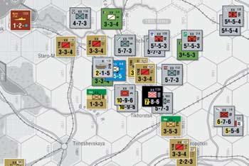 21 Slovakian Fast Division and the StuG brigade two hexes, and his infantry one hex. Note how the units that advanced two hexes could slip in between the two Soviet stacks.
