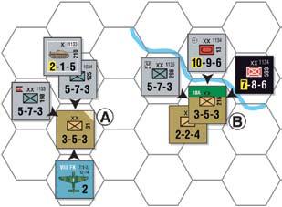 9 EXAMPLE OF AUTOMATIC ELIMINATION: The three German units in hexes A and B have moved adjacent to the Soviet unit. The odds are 21-3 = 7-1.