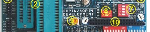 7 ( Tổng quan các thành phần trên PICLAB-V2 1) I/O external output 2) 40P/28P chip ZIF socket