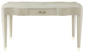 CRITERIA INDEX 363-512G LEATHER DESK W 56 D 30 H 30-1/8 in. W 142.24 D 76.20 H 76.52 cm. Bonded leather covered surfaces in Heather Gray finish. Lay-on tempered glass top. One drawer. Metal ferrules.