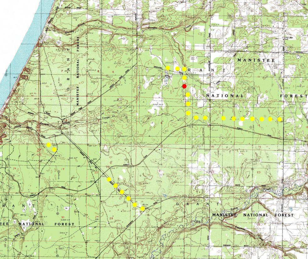 Figure 7. Survey points were established at 300-m intervals along the proposed development corridors for the Wind Pines Wind Resource Area, Michigan.