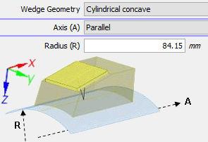 Wedge contouring can be made to the test piece or calibration piece by assigning a cylindrical concave curvature parallel to the axis of scanning.