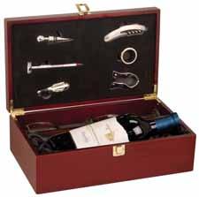 99 WN61 Rosewood Finish Single Wine Presentation Box with Tools & 2 Wine Glasses - box has silver clasp on front - includes stainless steel tools: corkscrew, thermometer,