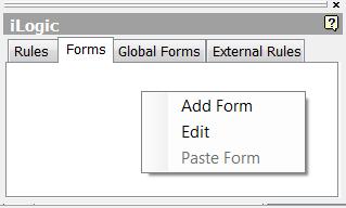 10. Select the forms tab on the ilogic dialog.