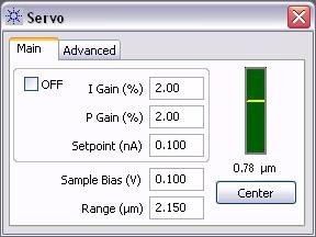 Additional Imaging Modes 7 Figure 82 Servo window settings for STM imaging 10 Enter the Setpoint current, in nanoamps, that the system will try to hold constant during scanning.