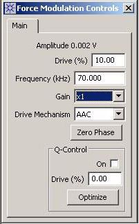 MAC III Mode 5 Q Control On Drive (%) Optimize By applying a phase-shifted version of the cantilever drive signal on top of the drive signal, Q control can either increase or decrease the effective