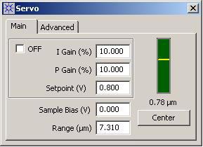 Contact Mode Imaging 5 Figure 66 Servo window showing Setpoint voltage and Gains NOTE If the Servo window is not already open, choose Controls >Imaging to open it.