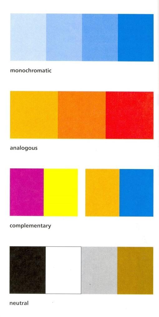 Color Schemes Monochromatic: color scheme which uses different values of one color or hue Analogous: color scheme