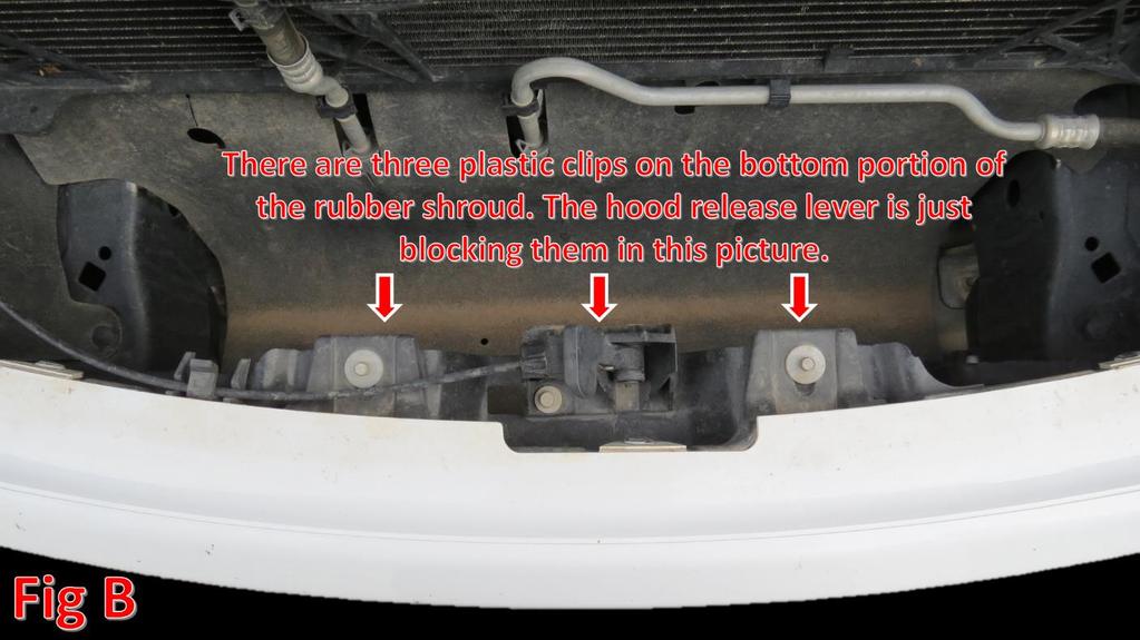2. From the top, remove the three plastic clips holding the bottom portion of the rubber shroud to the front bumper. (Fig B) 3.
