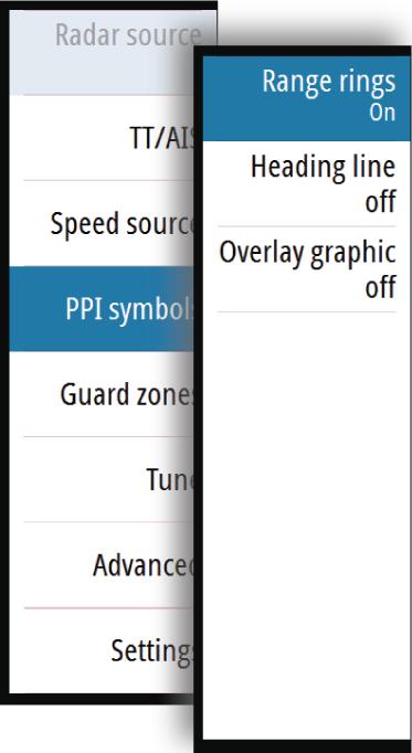 PPI symbols Range rings and heading line symbols can be turned on and off individually from the PPI symbols sub menu.