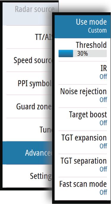8 Advanced radar options Use modes Ú Note: Radar User modes are only available for Halo radar antennas. Use modes are available with preset control settings for different environments.