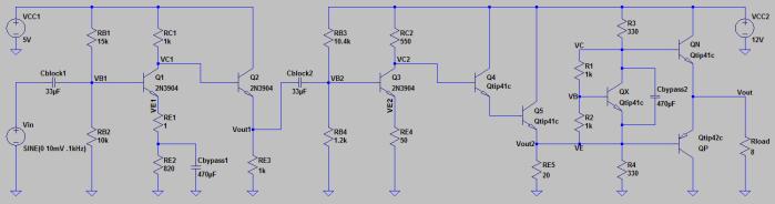 The push-pull stage should also be biased properly so that there is enough room at each of the output transistor bases and the joint emitter for the 10V peak-to-peak signal to swing (note: the