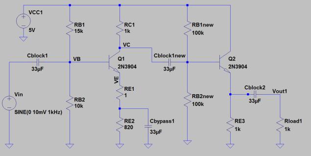 Schematic and transient analysis for complete audio amplifier with actual resistor values The operation of the actual circuit is tested by using a function generator to produce a 20mV peak-to-peak