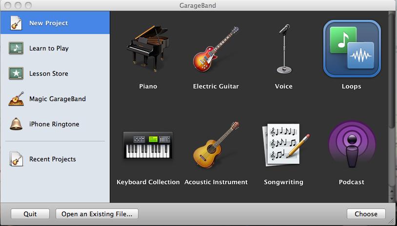 To start a New Project : Click on the guitar on your dock this menu should pop up: