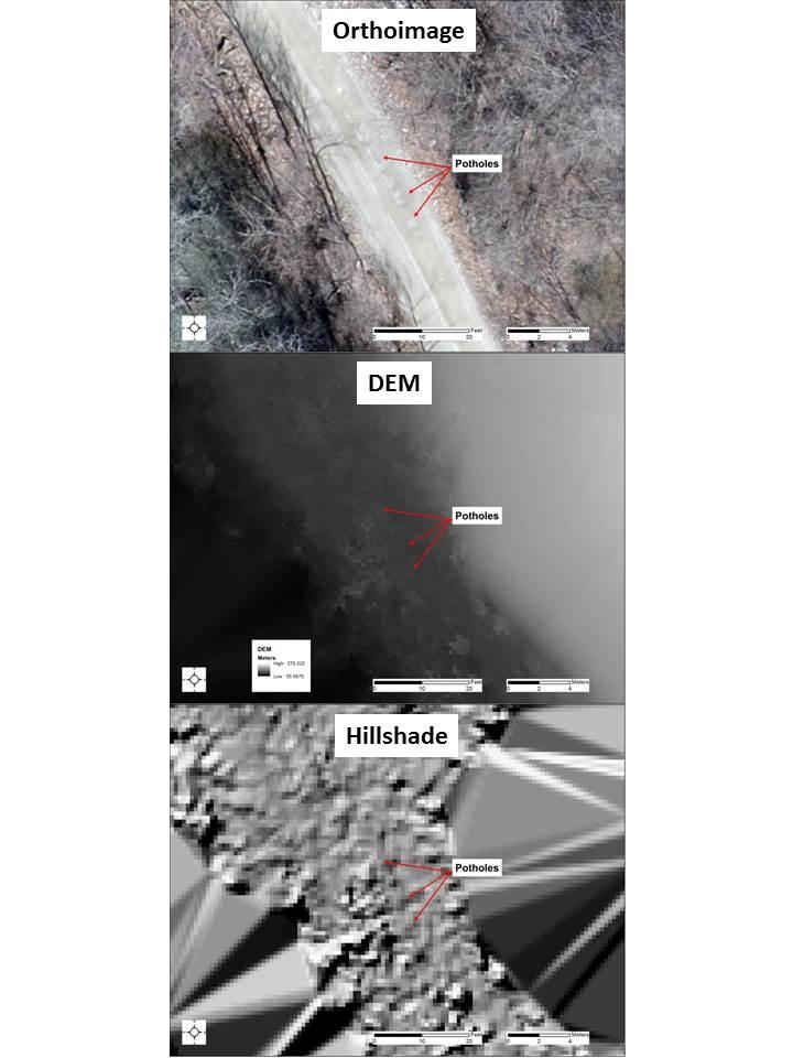 Figure 3-1: Detail of potholes on an unpaved road from the West Haven, VT. The orthoimage and DEM were generated in Pix4D and the hillshade was generated in ArcGIS from the DEM.