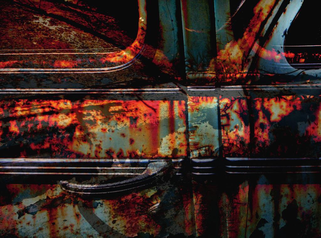 The combination of two images emphasizes the decaying rust