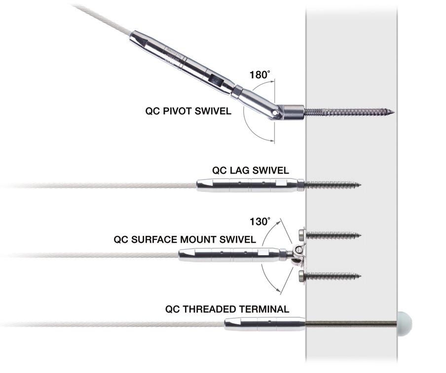 Fixed Ends (For 1/8-in CableRail) QUICK-CONNECT FIXED LAG Screws into the face of a post or wall using a hanger bolt with 1/4-in lag thread (included) Typically paired with a QC Lag Turnbuckle