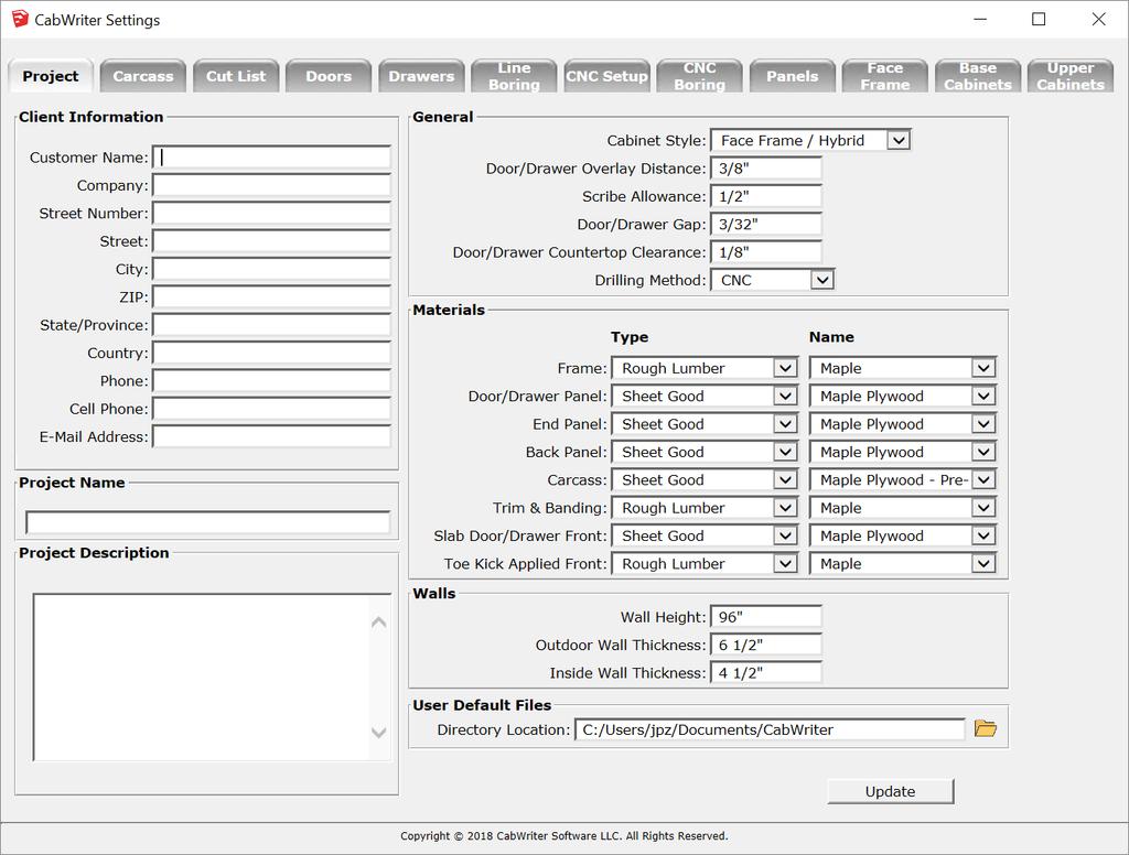 CabWriter 2 Default Definitions 6 Project Tab Client Information The Client Information field is self-explanatory. This field is used to capture all client contact information.
