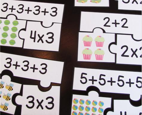 Math: Use the puzzle piece template to create your own Multiplication puzzles. See the photograph as a guide.