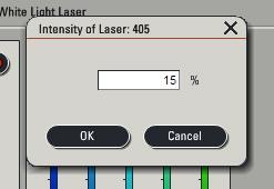 Beam Path Settings Step by step- Load single setting- DAPI example 4) Laser power Laser power- can be increased or decreased by moving the digital slider arrow up or down OR by clicking on the laser
