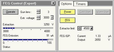 Tecnai on-line help User interface 107 Cold Start or Warm Start: FEG Start-up procedures, leading to FEG on. FEG on: all electronics are on. The Power and FEG buttons are yellow. 1. Standby: a FEG-on substate with a fixed extraction voltage (3kV) and slightly lowered filament temperature.