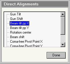 Tecnai on-line help User interface 83 4.27 Direct alignments The Direct Alignments Control Panel. The Direct Alignments Control Panel offers access to the microscope's direct alignments.