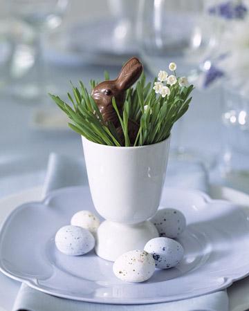 Chocolate Bunny Favors Round up a collection of charming chocolate rabbits and wheatgrass from a local health food store. Use vintage eggcups or teacups for the display.