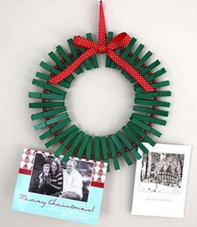 Once complete, twist loose end around to knot closed Clothes pin wreath Clothes pins Metal clothes hanger Green paint Red beads Ribbon Scissors 1. Paint clothes pin green 2.