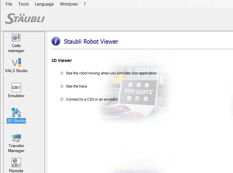 STAUBLI SOFTWARE FOR SIMULATION OF ROBOT Chạy chương trình : Start-> programs Staubli SRS 7.