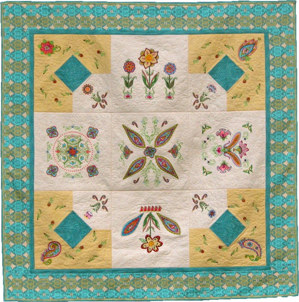 Instructions for composing the designs in BERNINA Embroidery Software are included in Through the Needle ONLINE Issue 3, available at www.throughtheneedle.com. The nine-block quilt was designed in the Quilter program included with BERNINA Embroidery Software.