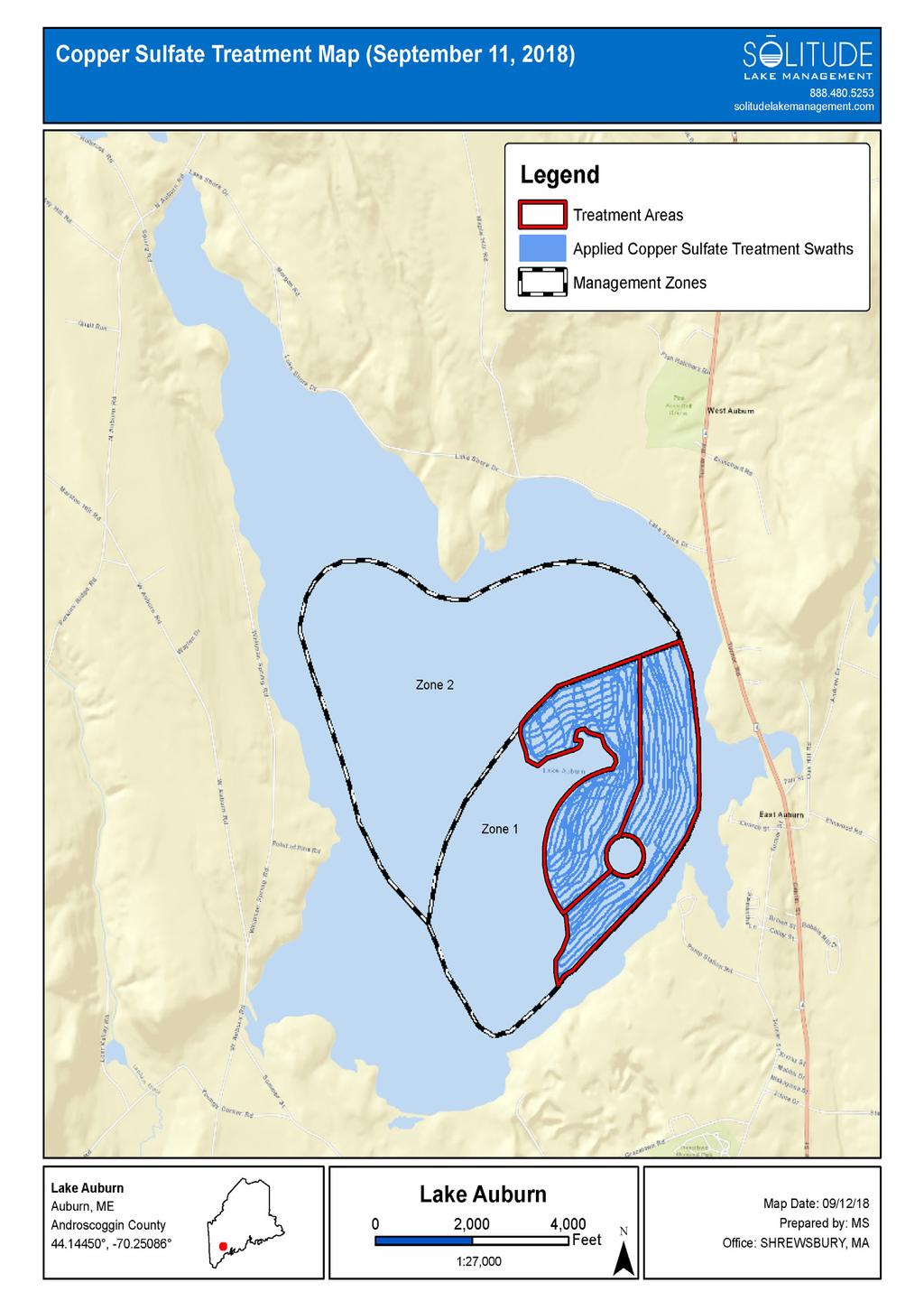 Algaecide Treatment in Lake Auburn The algaecide application was done on September 11, 2018 on 300 acres around the intake pipe on the eastern side of Lake Auburn.