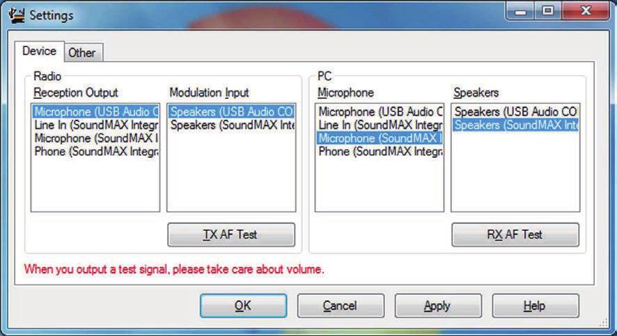 In the Device tab, you can set up the device to input/output the audio signal. Figure 8-11 Device Tab In the Reception Output of the Transceiver frame, Microphone (USB Audio CODEC) must be selected.