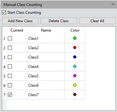 [Delete Class] to delete the selected category; Click [Clear All] to clear all categories and clear the whole counter table simultaneously; Click [Start Class Counting] to select a certain category,