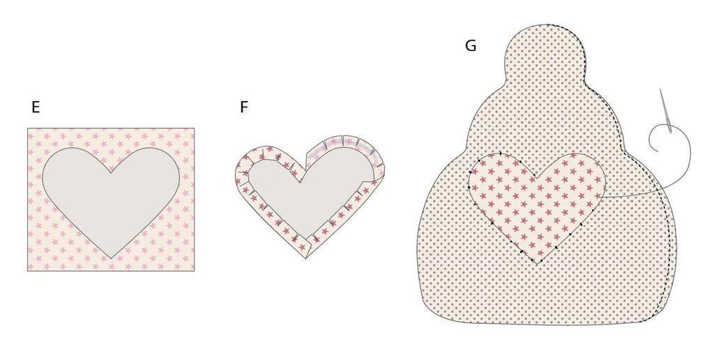 Start pushing the seam allowance in over the edge using your fingers and a wooden stick (Fig F). Position and stitch the heart onto the finished body (Fig G).