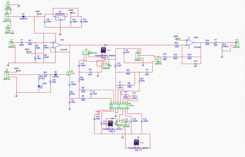 Delay Pedal Schematic Figure 12: Complete Schematic for the Delay Pedal Schematic Details The delay pedal is very reminiscent of a circuit in the data sheet for the PT2399 echo chip, aside from some