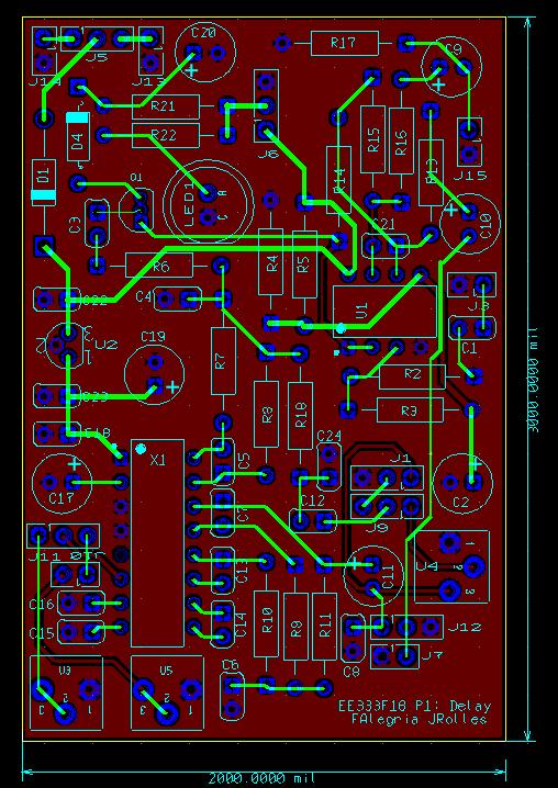 The chorus PCB ended up being a little larger than the delay PCB due to the addition of an extra op amp and the resistor labels being placed outside of each resistor rather than in the white box in