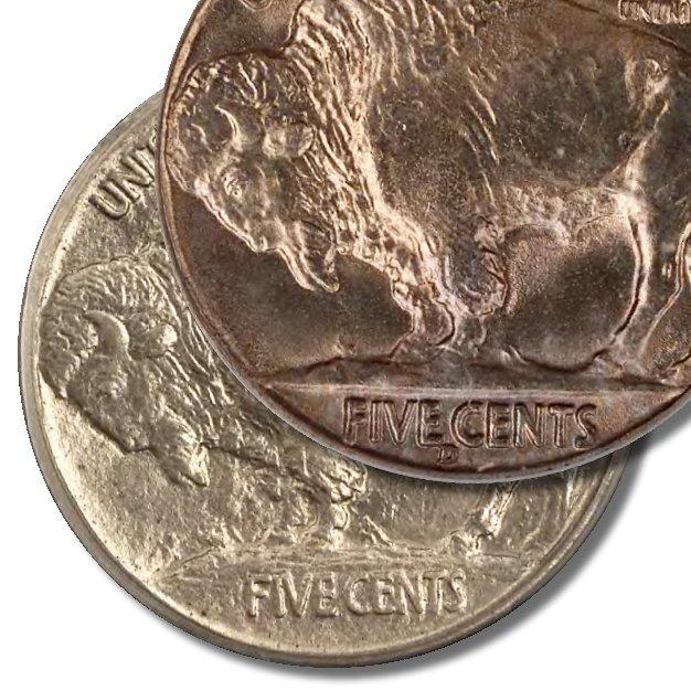 United States: Buffalo Nickel 1938 D over S variety The 1938 D over S buffalo nickel shows the remnants of the S mintmark in the center of the D.