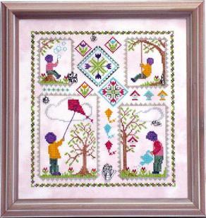 Above right, Spring Window Quilt $13 w/4 charms, 119w x 127h, is the second of four seasons shining through a picture