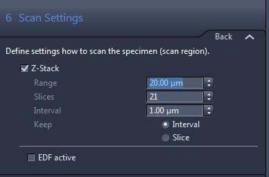 20. Scan settings: If desired, you may choose to scan a Z-stack to have the opportunity to change the focus plane afterwards (on your computer).