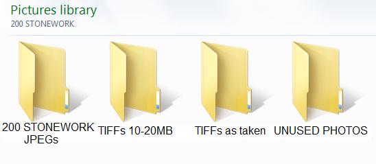 RAW pictures must be saved in TIFF format, but basic adjustments (e.g. to exposure and colour temperature) may be made before saving. In each Section Folder create the sub-folders shown below.