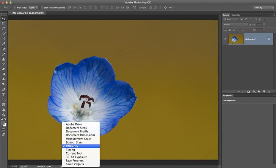 By choosing the Efficiency option from the popup on the Status Bar at the bottom of the document window, you can monitor whether Photoshop has exceeded the amount of available memory.
